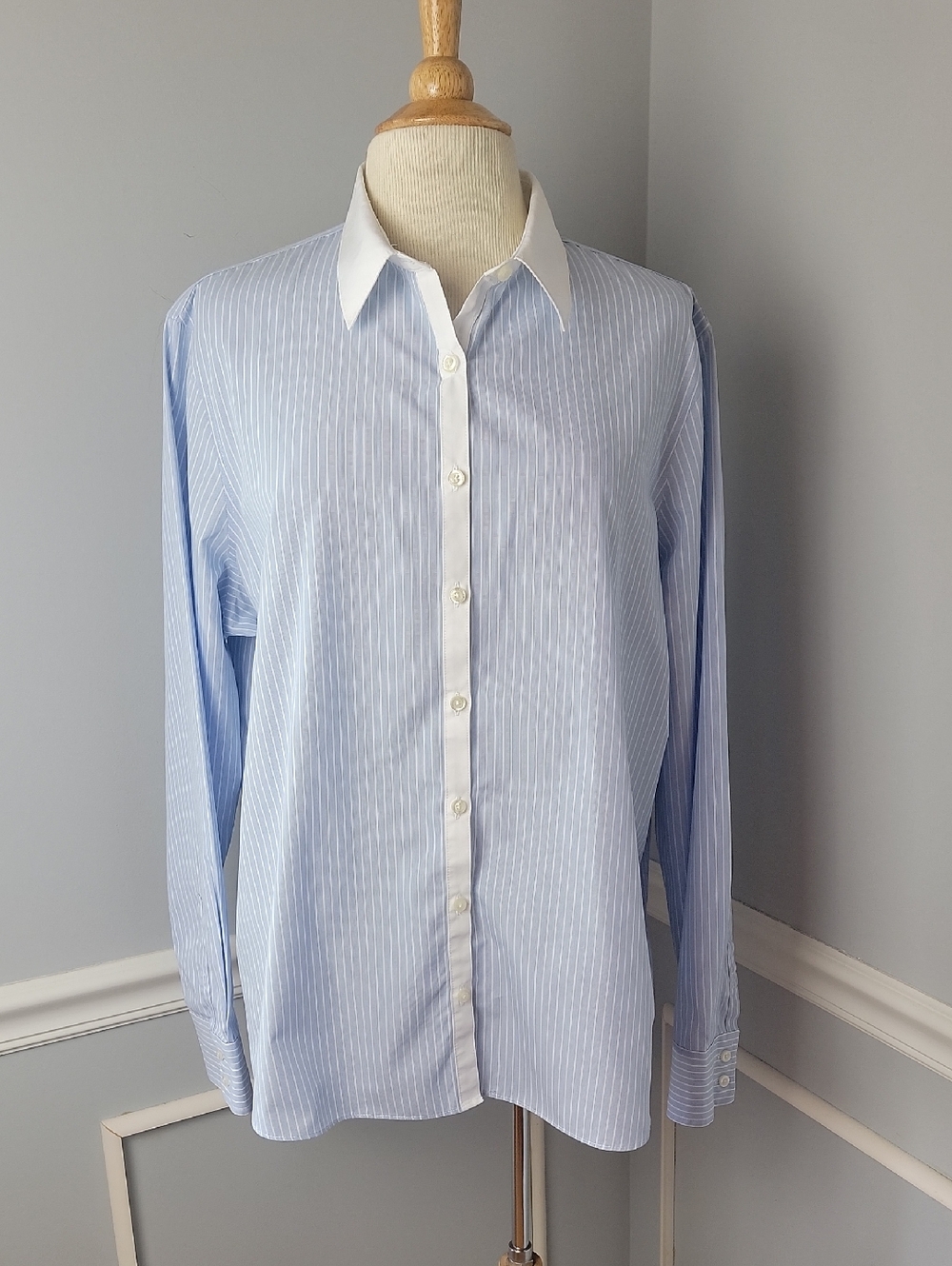 LANDS' END Blue White Striped White Collar Button Up Office Professional Top 18